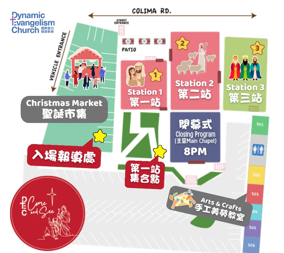 教會場地地圖：入場報到處、聖誕市集、第一至第三站、主堂與手工美勞教室的位置